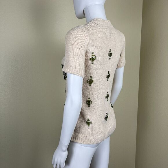 J. Crew Women's Size XXS Cream Linen Jeweled Medallion Knit Crewneck Sweater Top - Picture 8 of 13